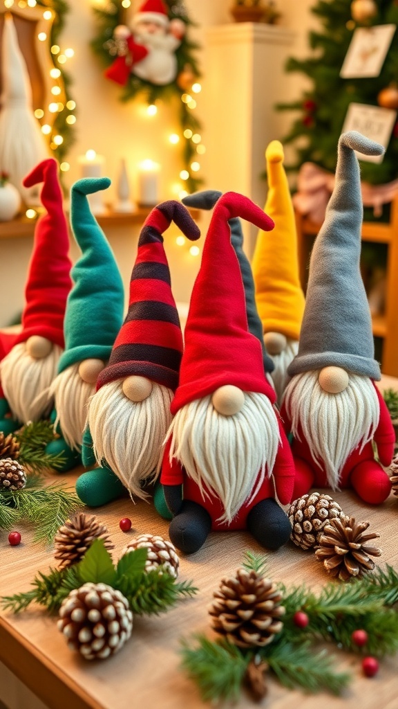 Colorful DIY Christmas gnomes made from felt and yarn, displayed on a festive table.